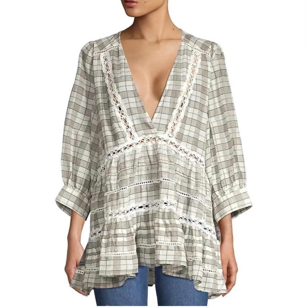 Free People Time Out Oversized Plaid Lace Tunic - Picture 2 of 11
